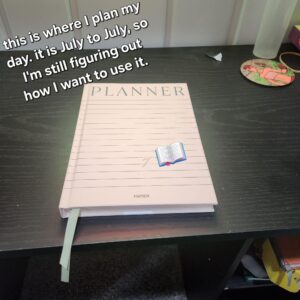 image of planner. text: "this is where I plan my day. it is july to july so i'm still figuring out how to use it."