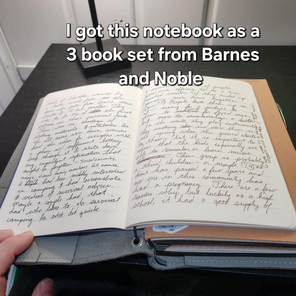 Inside of notebook with writing on pages. Text: "I got this as a 3 book set from Barnes and Noble."