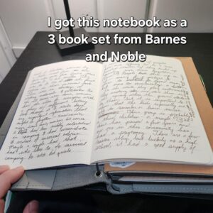 Inside of notebook with writing on pages. Text: "I got this as a 3 book set from Barnes and Noble." 