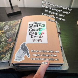 Cardboard covered kraft journal with a sticker of a raven on an upturned helmet and "We need Act up queer nation energy now" written in ransom note letters. Text: "This is my notebook for writng essays/rants/blog posts that may eventually be shared. These notebooks are super cheap from OccasionalMotto on etsy."