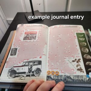 blurred journal entry, red text with stickers. Text "example journal entry"