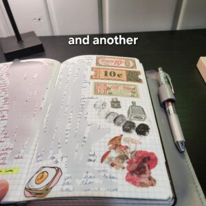 Another journal entry with text blurred, and stickers on the side. Text "and another"